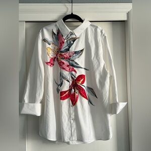 Chico’s Floral No Iron Stretch Shirt 4 (XXL 20/22) Optic White